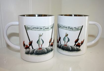 ice cream thief and pasty thief on enamel mug