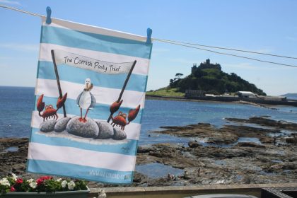 Turquoise White Stripe Tea Towel Cornish Pasty Gull